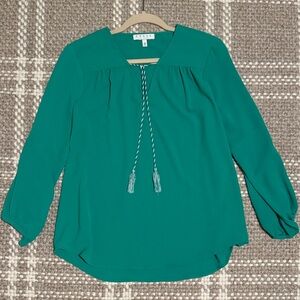Chaus Green Crepe Tassel Tie Neck Blouse